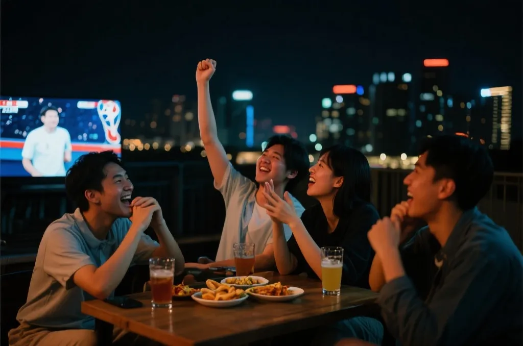朋友在夜晚的城市空间里围坐观看世界杯直播，气氛热烈而克制，适合线下聚看场景